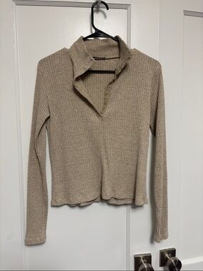 Zara Preppy Coastal Grandma Beige Ribbed Long-Sleeve Button Polo Top